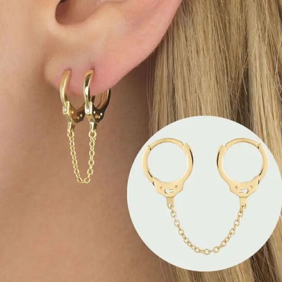 New Gold over 925 Sterling Silver Pierced Handcuff Hoop Chain Earring - Picture 1 of 13